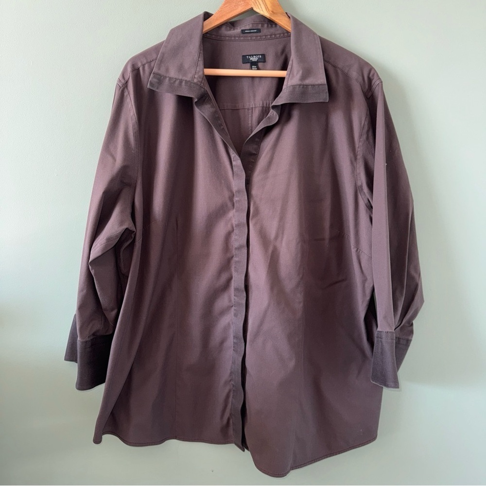 Talbots Womens Plus Black 3/4 Sleeve Button Up Shirt Blouse Herringbone Trim 20W - Picture 1 of 11